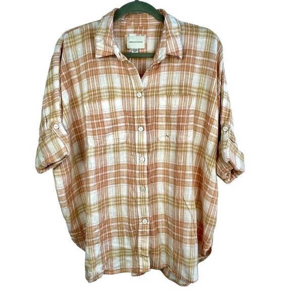 NWOT American Eagle Oversized Linen-Blend Plaid Button Down Shirt Roll Tab XS-1X - Picture 2 of 16
